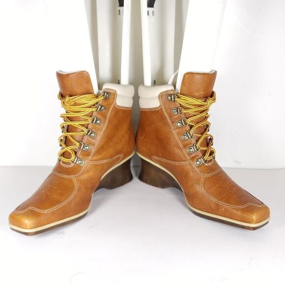 Timberland Women's US 7M Brown Leather Square Toe Lace-Up Wedge Ankle Booties - Picture 6 of 16